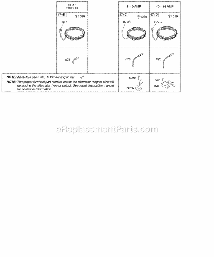 Alternator Diagram and Parts List for 216977-0116-E1  Briggs and Stratton Engine